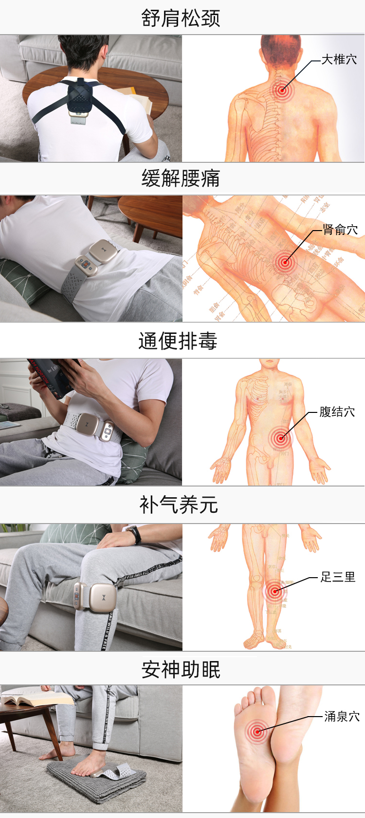 舒肩松頸、緩解腰痛、通便排毒、補(bǔ)氣養(yǎng)元、安神助眠